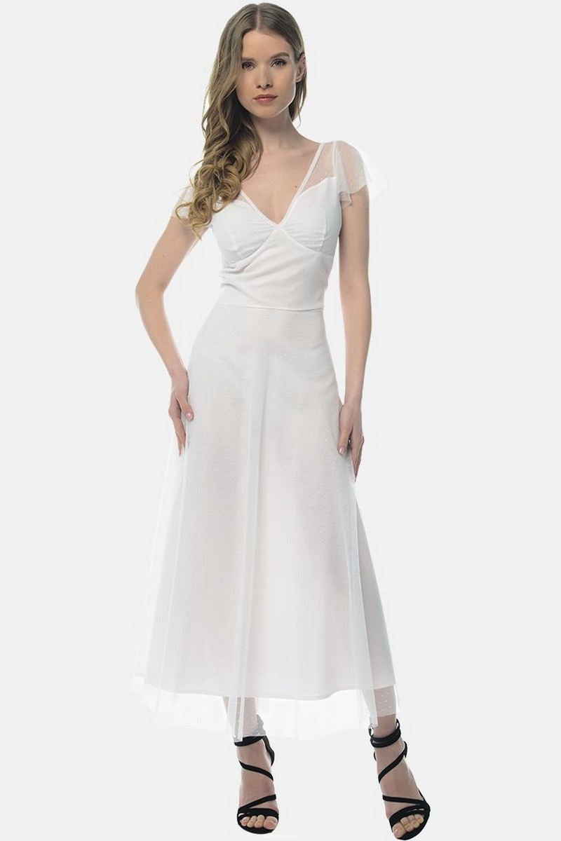 Buy Elegant fitted white midi V neck dress, Party women`s design dress